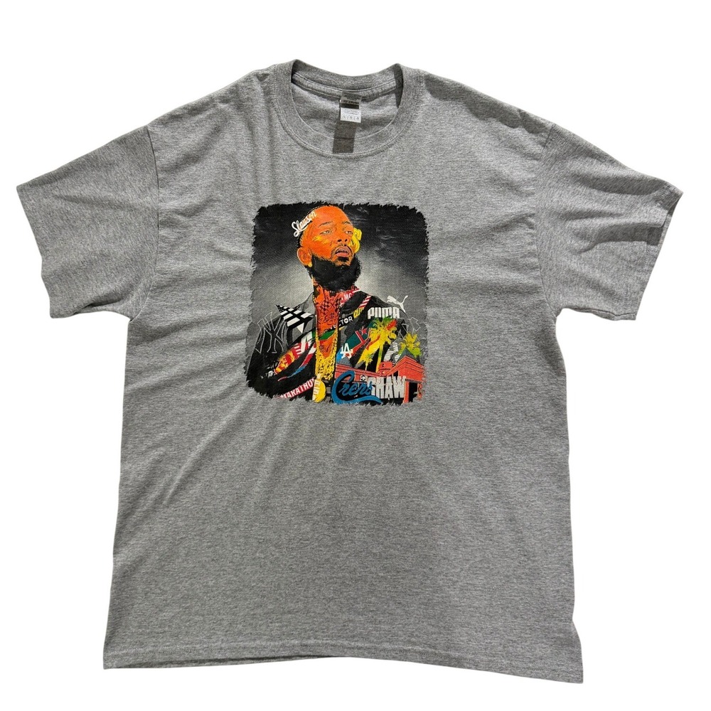 Gildan DryBlend Nipsey Hussle Graphic T-Shirt Size Large Gray Streetwear Rap Tee